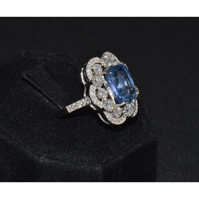 GIA Natural 9.66CTS VS F Diamond No Heat Blue Sapphire 750 18K Gold Cocktail Ring, size 6.5 For Sale - Image 9 of 11