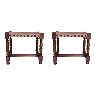 Pair of Foot Stools in Walnut and Leather Seat With Tacks For Sale