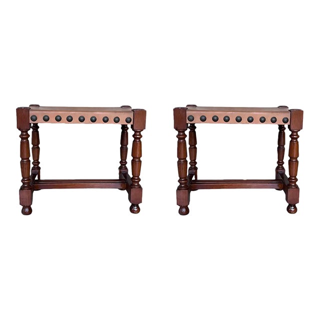 Pair of Foot Stools in Walnut and Leather Seat With Tacks For Sale
