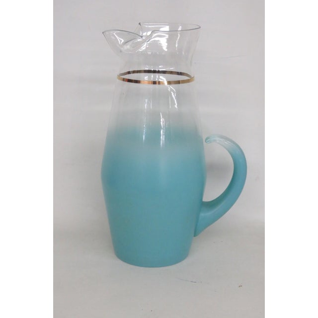 West Virginia Glass Company Turquoise Blendo Pitcher With Gold Accent 4911b For Sale - Image 4 of 17
