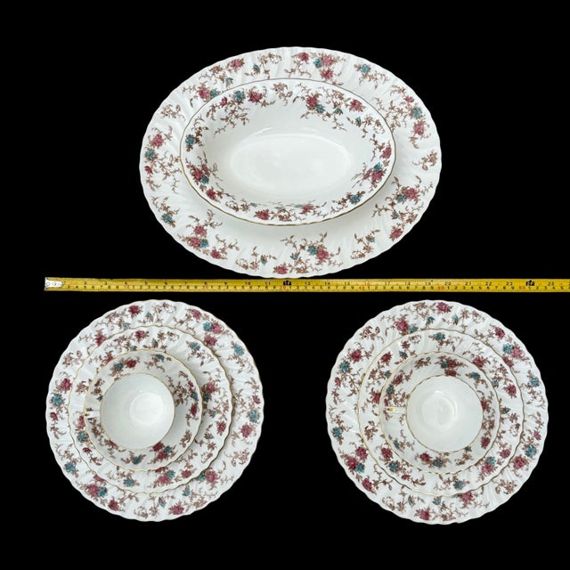 English Minton Ancestral Bone China Collection S-376 Scalloped Gold Trim Floral Motif, Set of 56, Teacups, Saucers, Plates, and More For Sale - Image 3 of 6