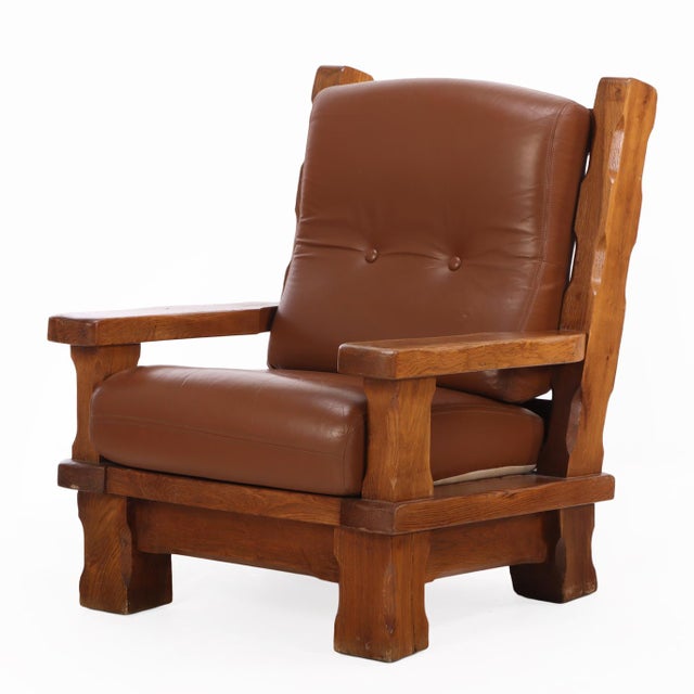 A Pair of French Heavy Oak Brutalist Style Open Arm Chairs, C. 1960. For Sale - Image 4 of 7