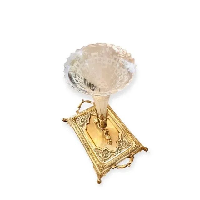 An outstanding French 19th century gilt brass card tray and with an inserted, etched and cut crystal bud vase, attributed...