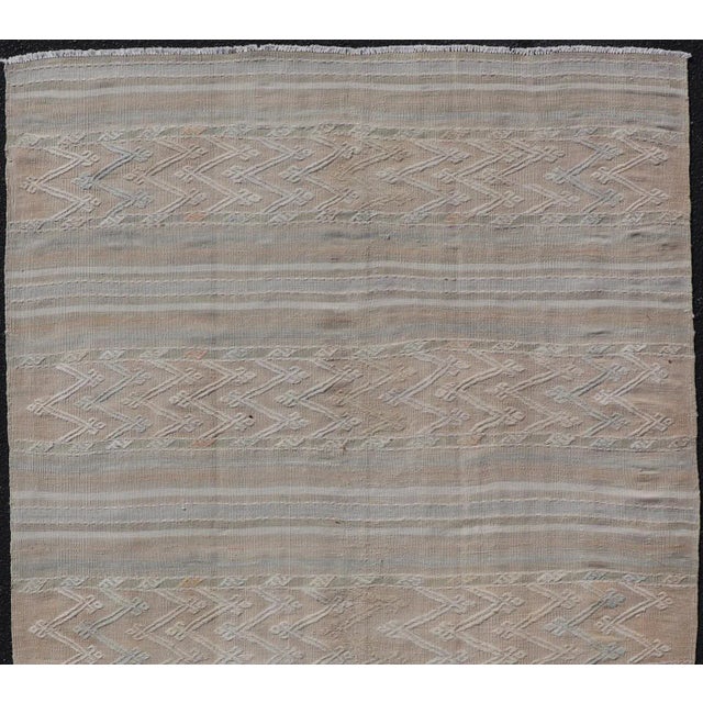 Mid 20th Century Mid 20th Century Striped Hand Woven Turkish Flat-Weave Kilim in Muted Colors and Tribal Motifs For Sale - Image 5 of 10