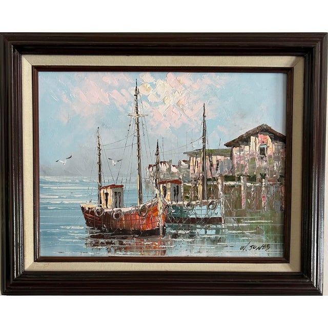 Impressionist Vintage Impressionist Oil Painting of Fishing Boats at Dock Signed W Jones For Sale - Image 3 of 8