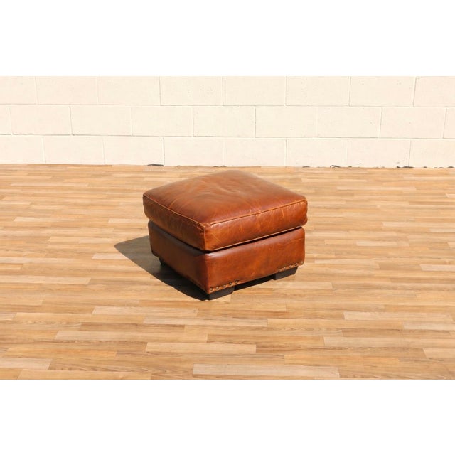 Art Deco Revival Distressed Brown Leather Club Chair & Ottoman, Circa 1980s For Sale - Image 17 of 18