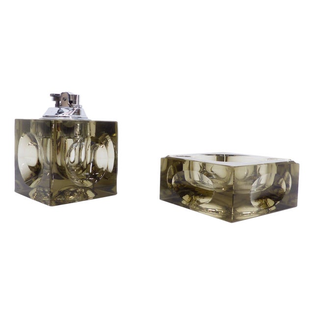 Space Age Ashtray and Table Lighter Set in Smoked Murano Glass by Antonio Imperatore, 1970, Set of 2 For Sale