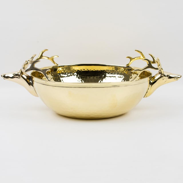 Contemporary Large Gilded Brass Centerpiece Bowl With Stag Heads Handles For Sale - Image 3 of 8