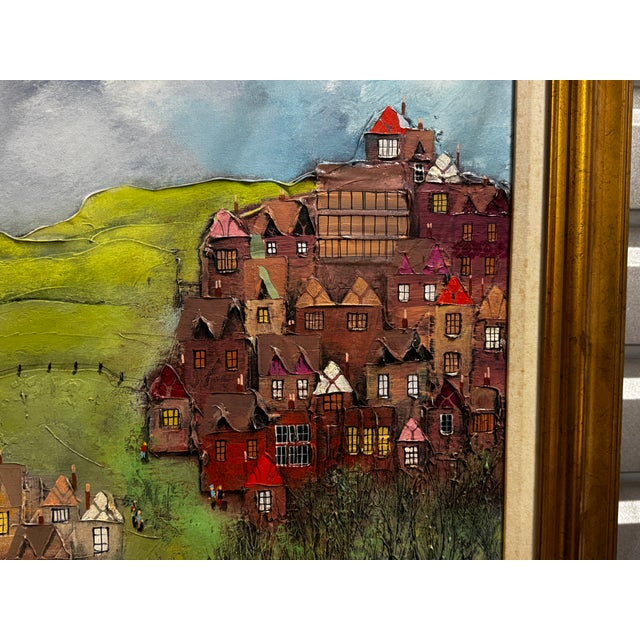 Folk Art Late 20th Century Contemporary Whimsical 3d Relief Naive Folk Art Village Landscape Painting – Framed, 30" X 36" For Sale - Image 3 of 6