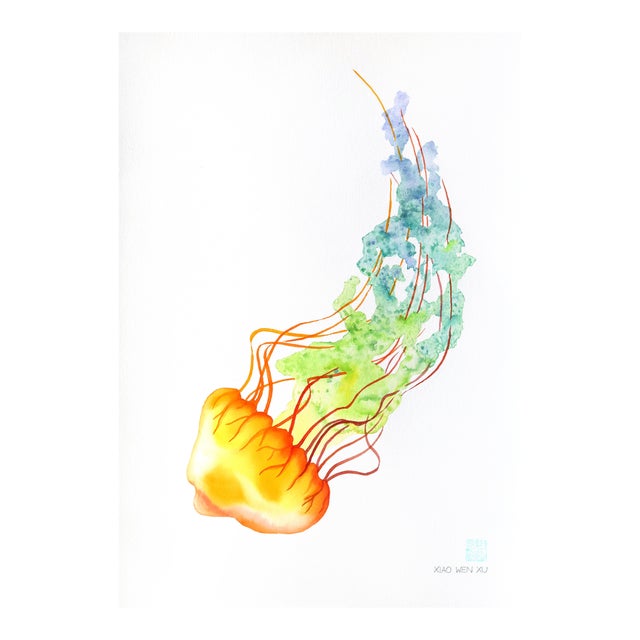 Rainbowland Jellyfish I - Original Colorful Abstract Jellyfish Watercolor Painting For Sale