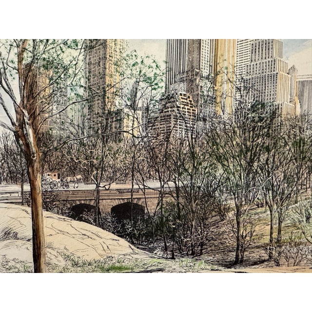Mid-Century Modern Vintage Signed S. Finkelstein Central Park New York City Skyline Mixed Media Drawing For Sale - Image 3 of 8