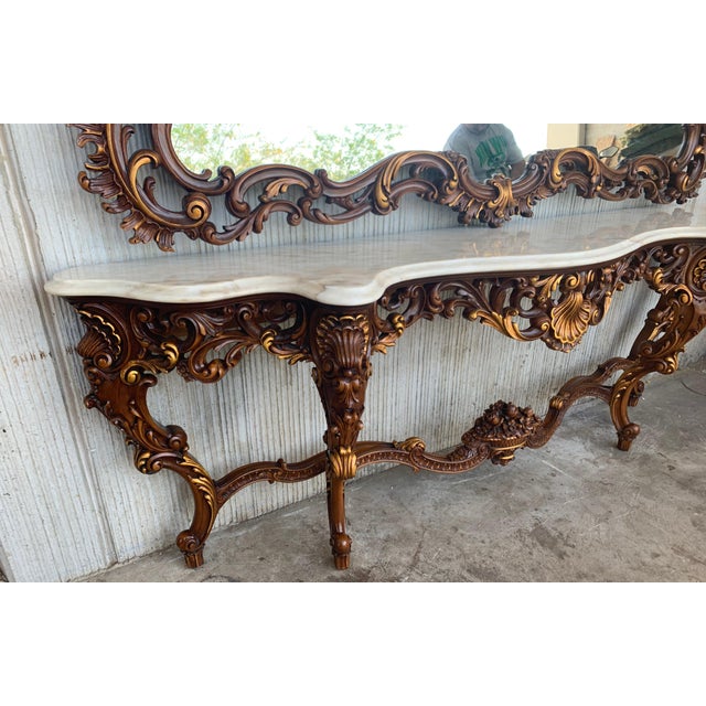 Spanish 20th Century Baroque Style Carved Walnut Ormolu and Marble Console Table For Sale - Image 4 of 9