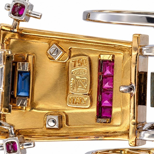 Vintage 1950s 18k Yellow Gold Carriage Dress Clip Brooch With Sapphires & Ruby For Sale In New York - Image 6 of 7
