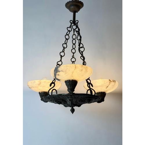 Antique Renaissance Revival Bronze and Alabaster Chandelier with Serpent Details, 1900 For Sale - Image 4 of 18