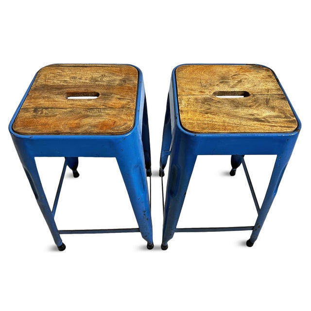 Vintage Industrial Blue Iron Stool For Sale - Image 4 of 7