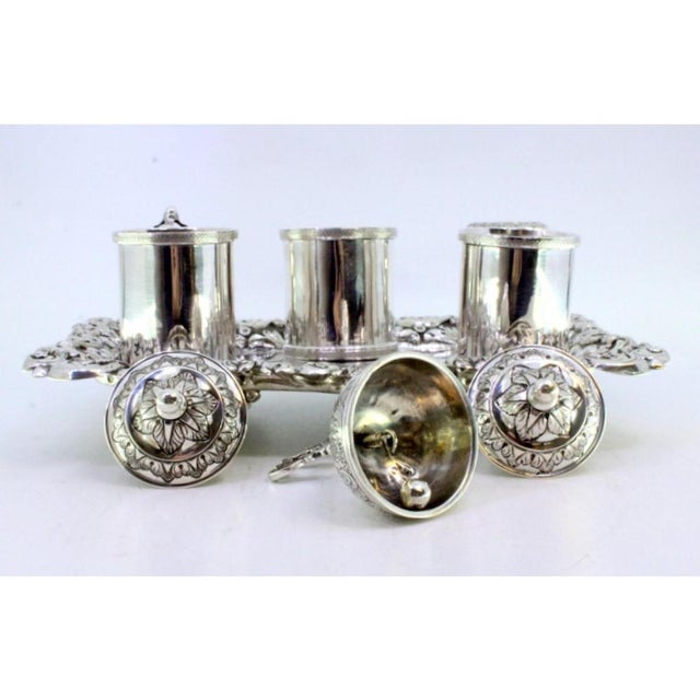Relief Silver and Glass Inkwell with Pen Holders and Claw-Shaped Feet, in Very Good conditions. Designed before 1890 This...