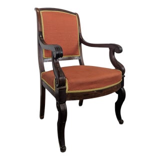 Restoration Mahogany Armchair with Curved Armrests and Orange Fabric For Sale