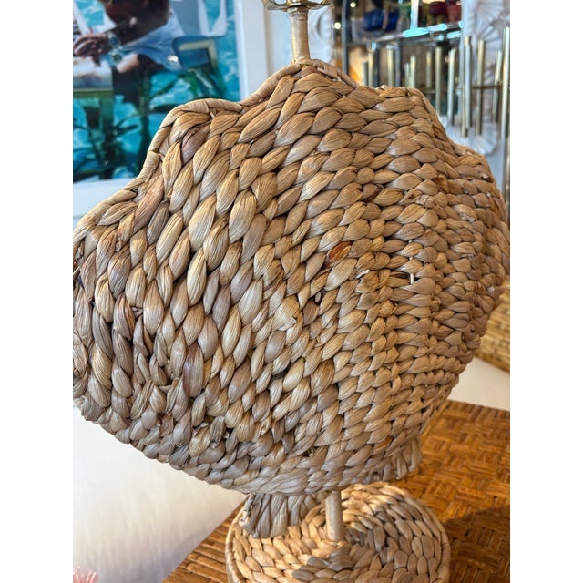 Lovely pair of woven grass scalloped clam shell seashell Palm Beach table lamps. These have been newly wired with all new...