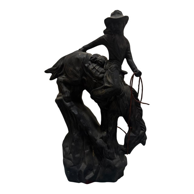 Vintage Ceramic Matte Black Cowboy Statue – Western Decor Figurine For Sale