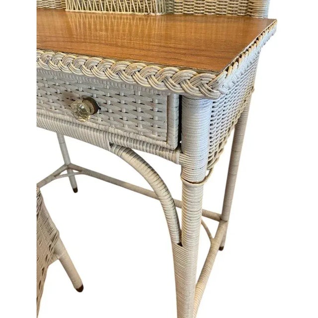 White Vintage Mid Century Wicker & Wood Top Writing Desk With Drawer For Sale - Image 8 of 8