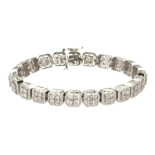 Diamond 14k White Gold Milgrain Cushion Link Bracelet For Sale