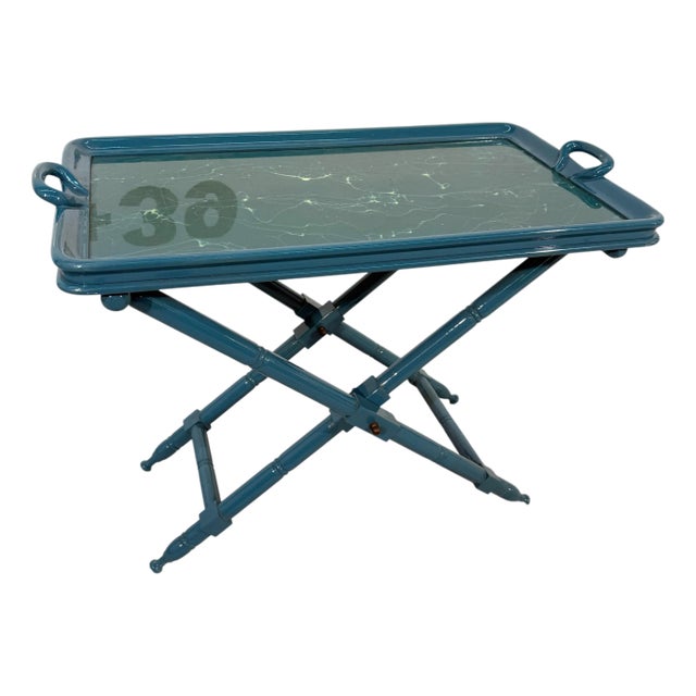 1970s Vintage Italian Folding Tray Table With Green Marble Top For Sale