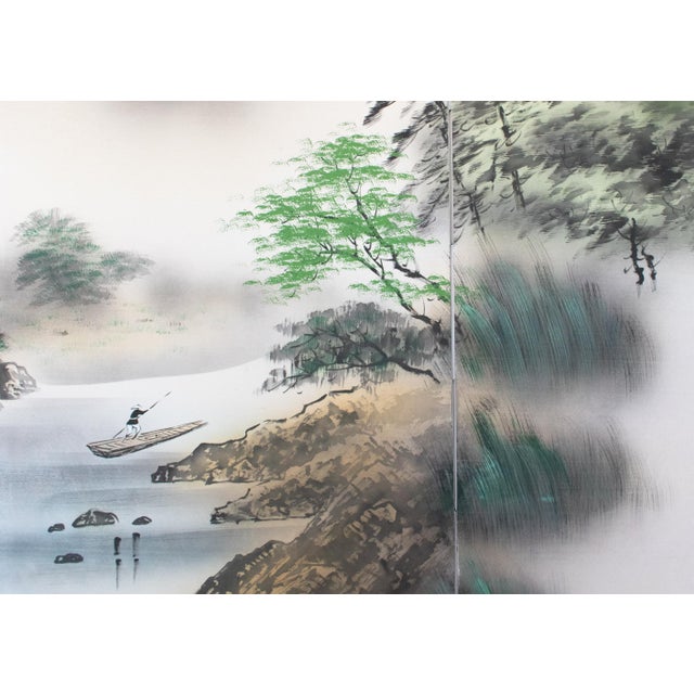 Large Showa Era Japanese Byobu Screen "Mountain Landscape With River" For Sale - Image 11 of 18