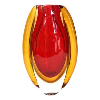 Murano Style Sommerso Art Glass Vase in Red and Amber For Sale