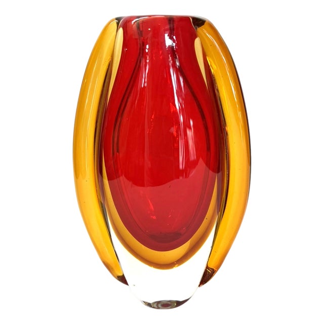Murano Style Sommerso Art Glass Vase in Red and Amber For Sale