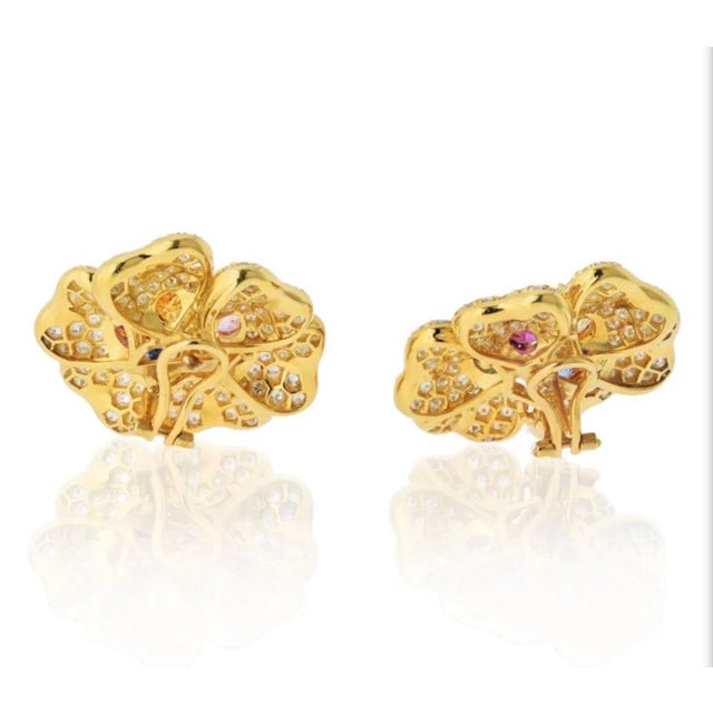 Early 21st Century 18K Yellow Gold Diamond & Multicolor Sapphire Flower Earrings by Designer Adler, A Pair For Sale - Image 5 of 18