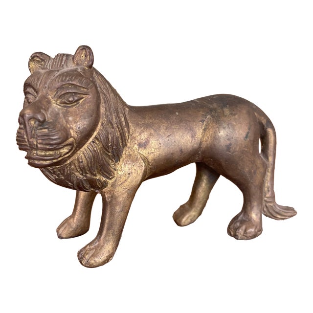 Likely Antique Possibly Hand-Cast Bronze Toned Lion Figurine With Folk Art Styling For Sale