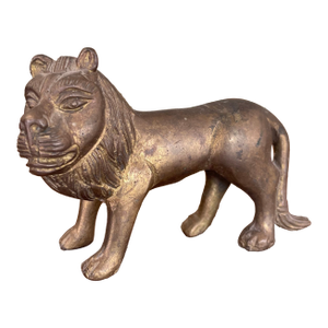 Likely Antique Possibly Hand-Cast Bronze Toned Lion Figurine With Folk Art Styling