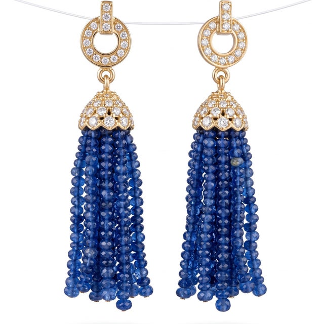 Contemporary 14k Yellow Gold Natural Ceylon Sapphire & Diamond Pavé Tassel Earrings 32 Ct, Pair For Sale - Image 3 of 10