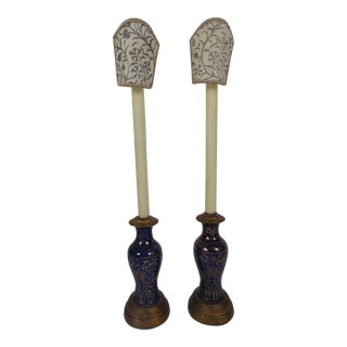 Asian Style Powder Blue Candlestick Lamps - a Pair For Sale