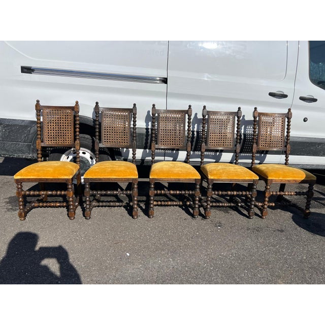 Set of Five Antique Barley Twist Cane-Back Chairs With Golden Yellow Velvet Custom Upholstered Seats For Sale In Philadelphia - Image 6 of 9