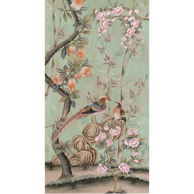 18" *36"/Panel, Chinoiserie Mint Green Pheasant Floral 2-Panel Wallpaper Panels, No Frame, Tea Paper For Sale - Image 4 of 6