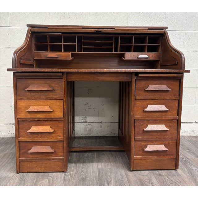 Antique American Mission Arts and Crafts Quarter Sawn White Oak Roll Top Desk For Sale - Image 13 of 14