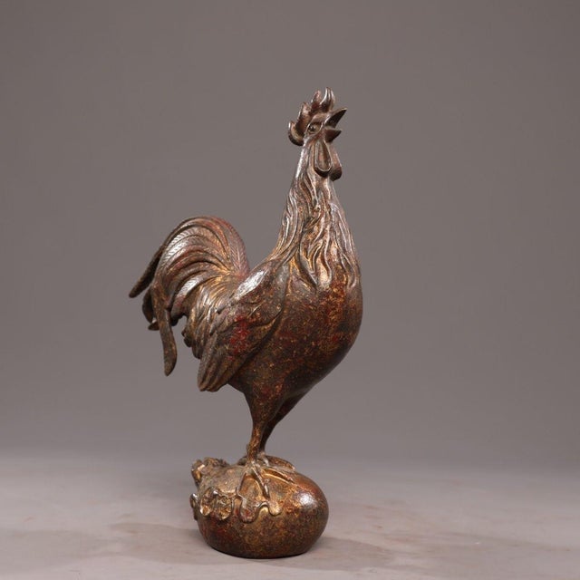 Traditional Late 20th Century Gilt Bronze Figure of a Rooster on a Lucky Bag Base For Sale - Image 3 of 9