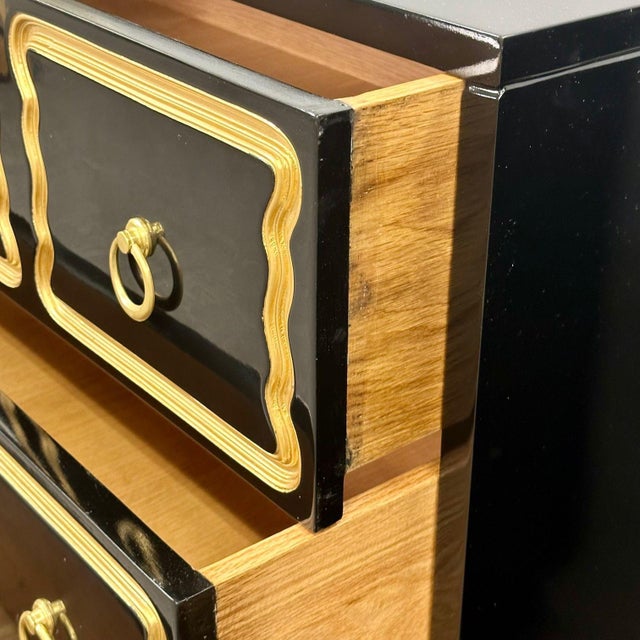 Dorothy Draper Style, Hollywood Regency, Black Lacquer, Gilt, Brass, Commodes, A Pair For Sale - Image 9 of 10