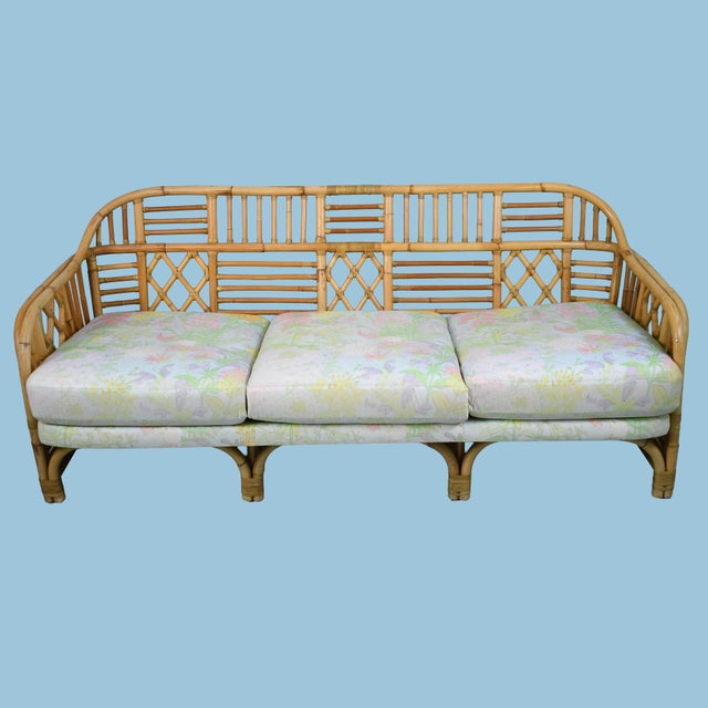 Fretwork Burnt Bamboo Sofa in nice as found VINTAGE condition. There are minor scuffs, scrapes and wear to the as found...