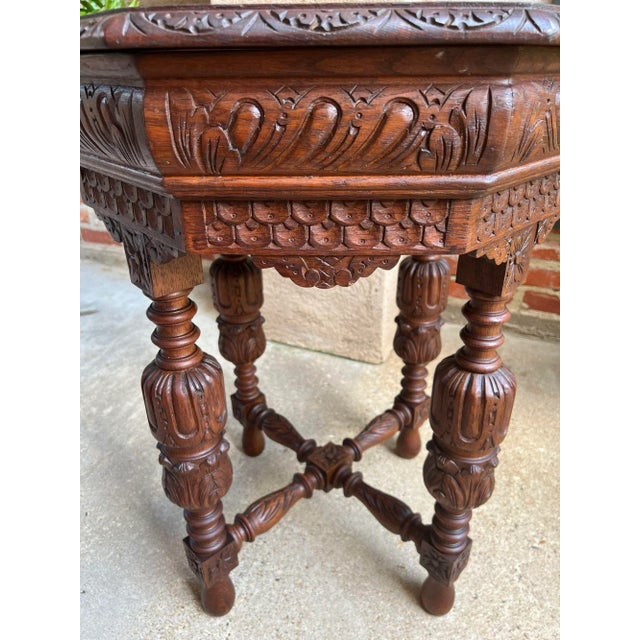 Petite Antique French Octagon Center Side Table Renaissance Carved Oak For Sale - Image 10 of 12