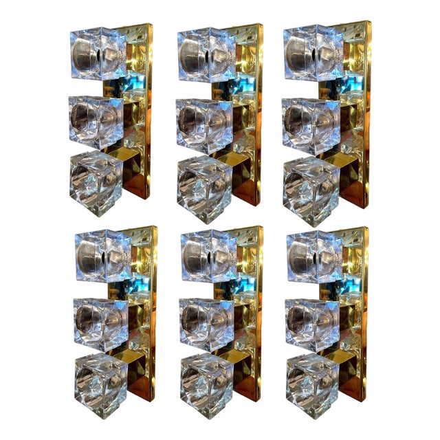 1960s Italian Sciolari Murano Glass Cubes & Brass Sconces - Set of Six For Sale