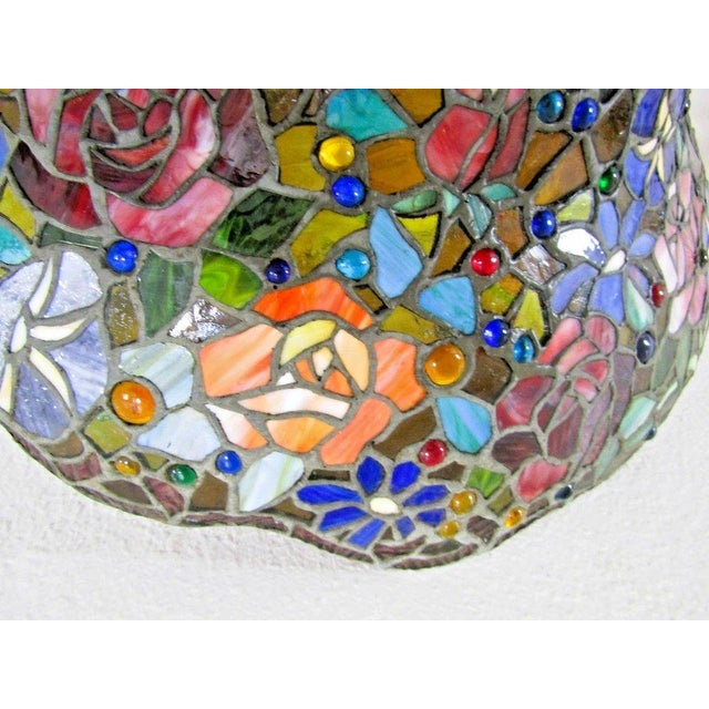Vintage Tiffany Style Stained Glass Roses Poppies Cabochons Bell Lampshade For Sale - Image 16 of 18