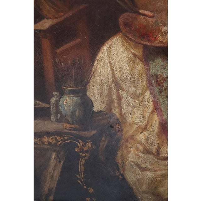 Italian School Artist, Young Woman Painter with Cardinal, Oil Painting on Cardboard, 19th Century, Framed For Sale - Image 13 of 17