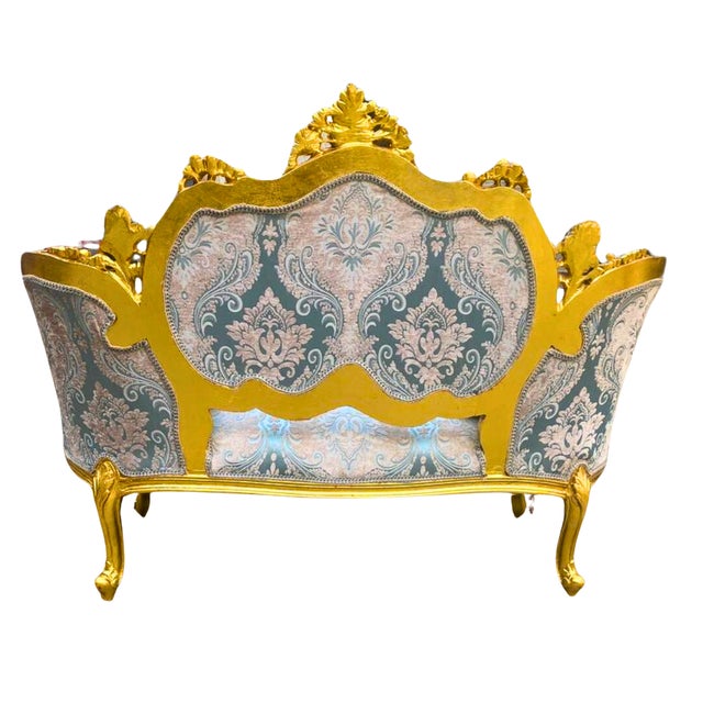 Rococo Rococo Style Blue Sofa With Gold Leaf Details For Sale - Image 3 of 7