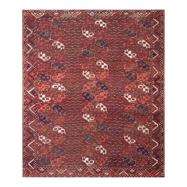 1860s Deep Brick Red Octagonal Gul Antique Wool Ersari-Beshir Rug 6'6"x8' Carpet For Sale