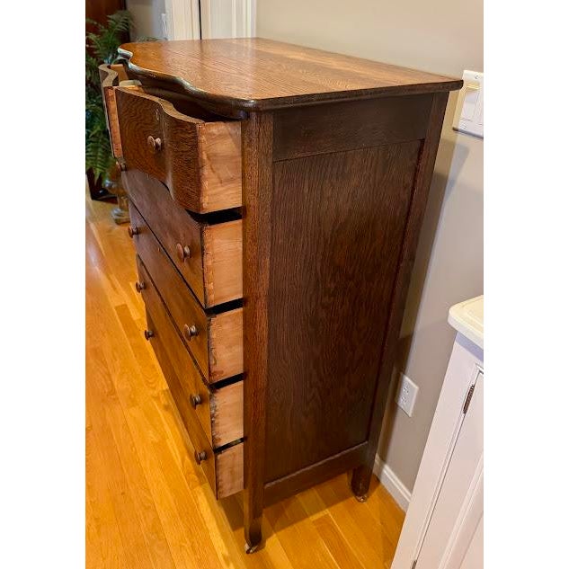 Antique Tiger Oak Serpentine Tallboy Dresser - 6 Drawer For Sale In Providence - Image 6 of 11