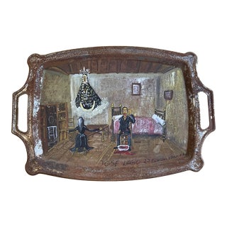 Vintage Mexican Folk Art Retablo on Silver Tray by Jose Lago, Signed (1951, Oil on Metal) For Sale