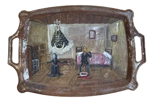 Vintage Mexican Folk Art Retablo on Silver Tray by Jose Lago, Signed (1951, Oil on Metal)
