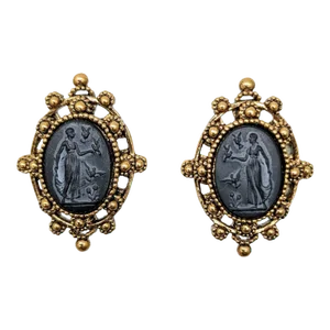 Vintage Signed Napier Goldtone Black Cameo Clip Earrings, 1994- 2 Pieces